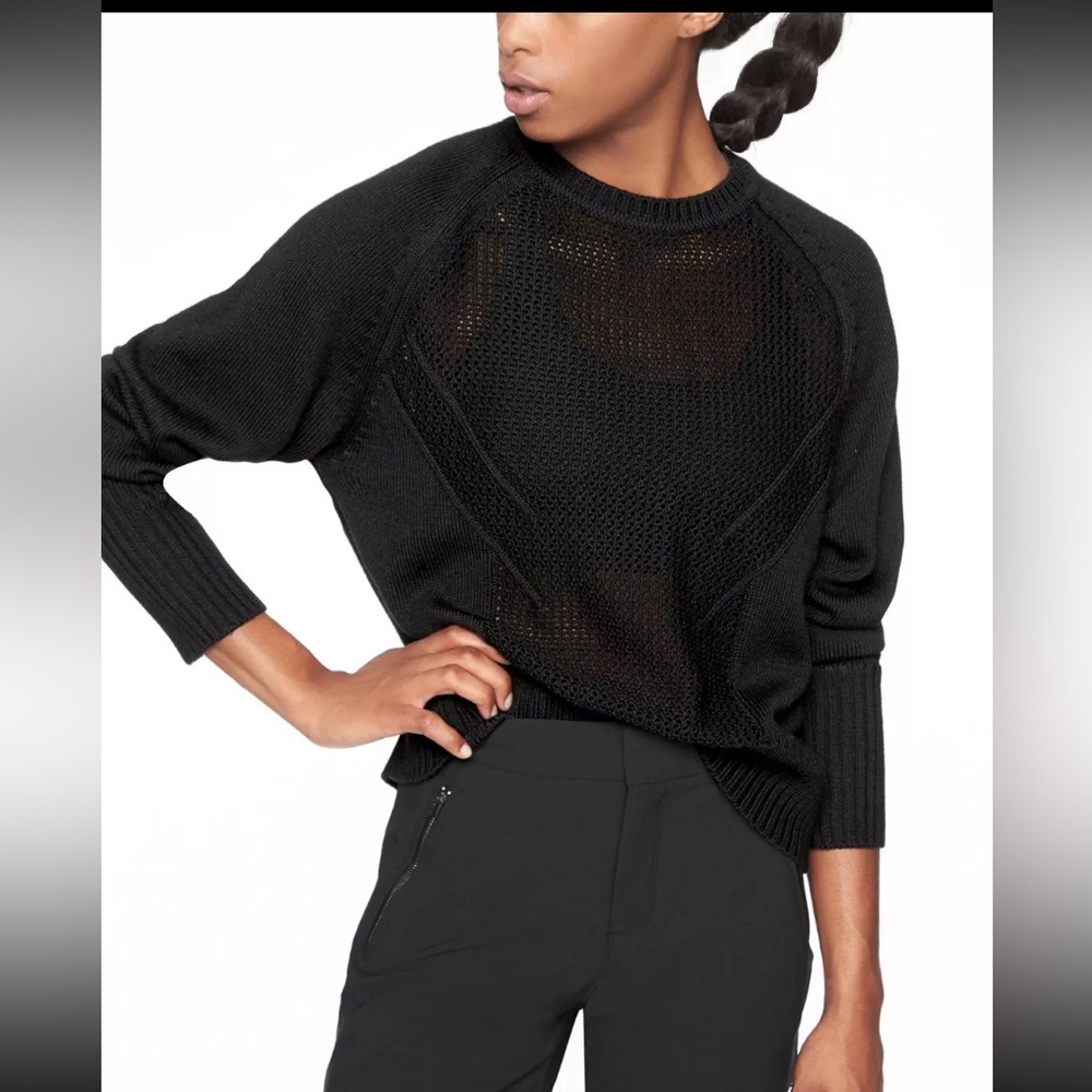 Athleta Cortina black workout sweater, mesh detail, merino wool blend, size L